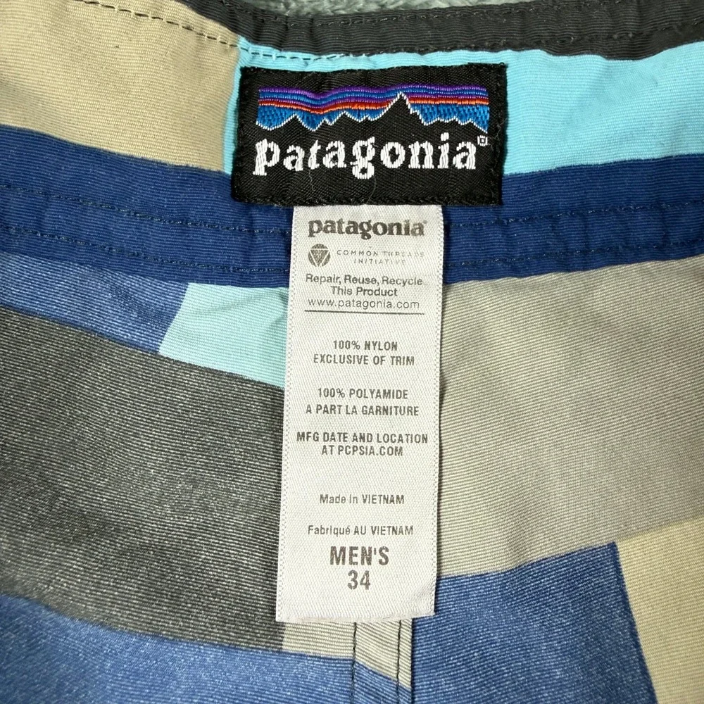Patagonia Wavefarer Board Shorts 34 Blue Geometric Block Print Swim Trunks Surf